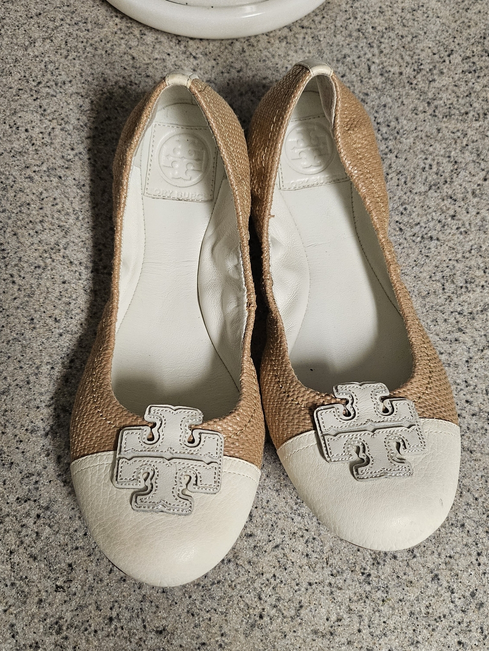 Tory Burch Tan and White Logo Cap-Toe Ballet Flats